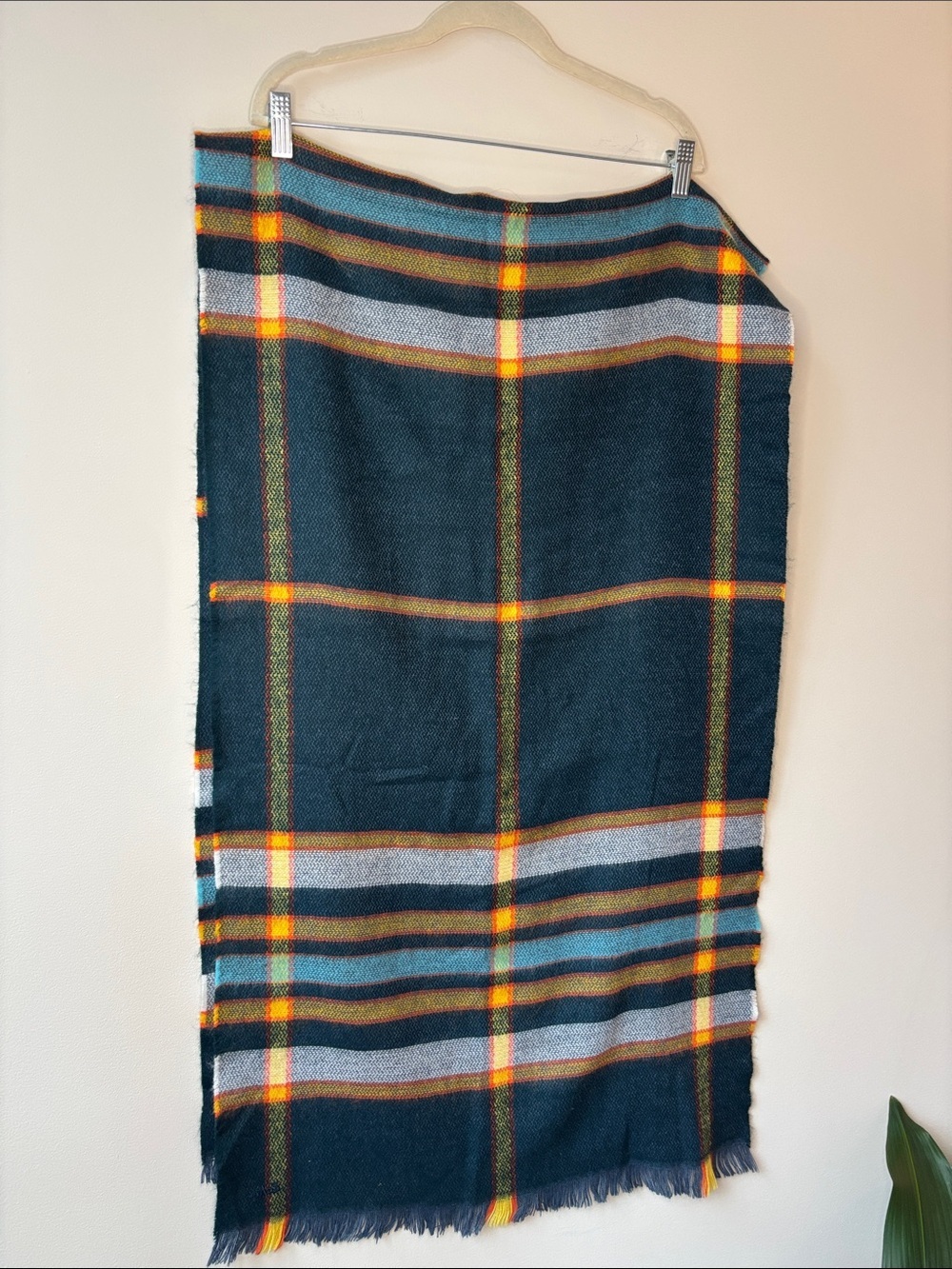 Echo Plaid Scarf Navy Yellow Tartan Fringe Wrap